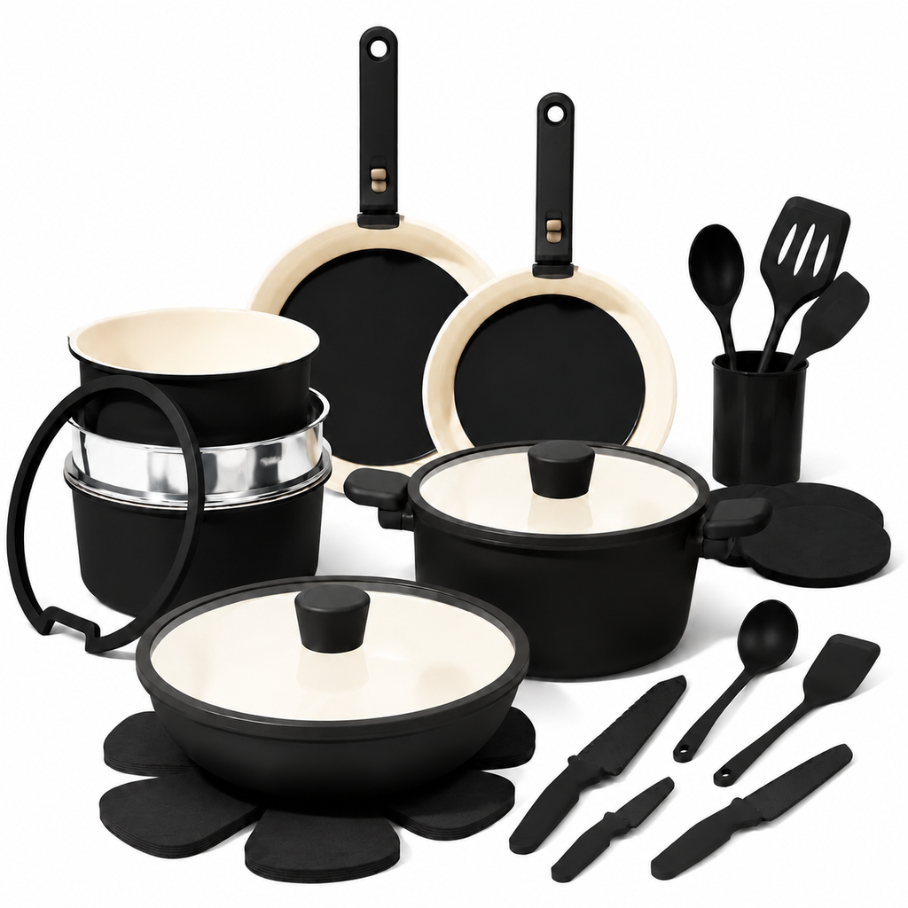 33 PCS Ceramic Cookware Set Nonstick Pots Pans Detachable Handles Induction Dishwasher Safe Black