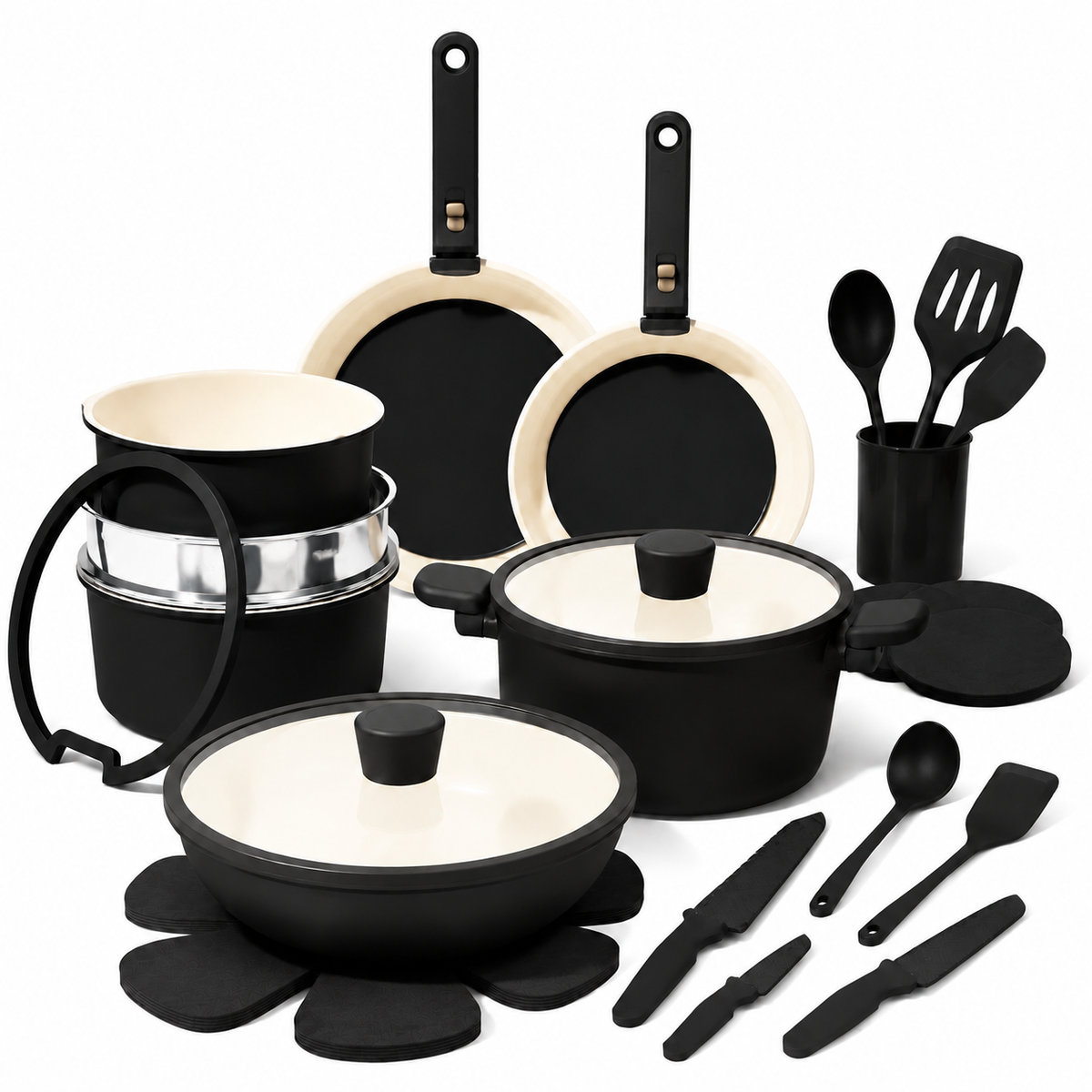 33 PCS Ceramic Cookware Set Nonstick Pots Pans Detachable Handles Induction Dishwasher Safe Black