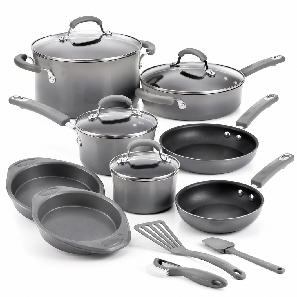 15 Piece Hard Enamel Nonstick Cookware Set Gray Pots and Pans Set with Durable Nonstick Coating for Kitchen Cooking