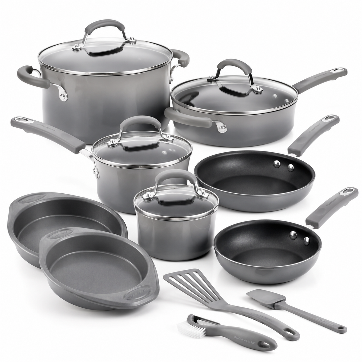15 Piece Hard Enamel Nonstick Cookware Set Gray Pots and Pans Set with Durable Nonstick Coating for Kitchen Cooking