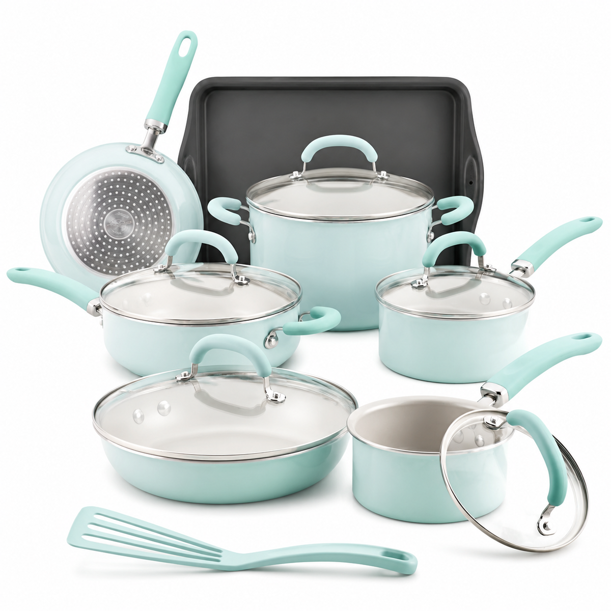 13 Pc Nonstick Aluminum Pots and Pans Set Light Blue Shimmer Cookware Set with Lids for Kitchen Cooking