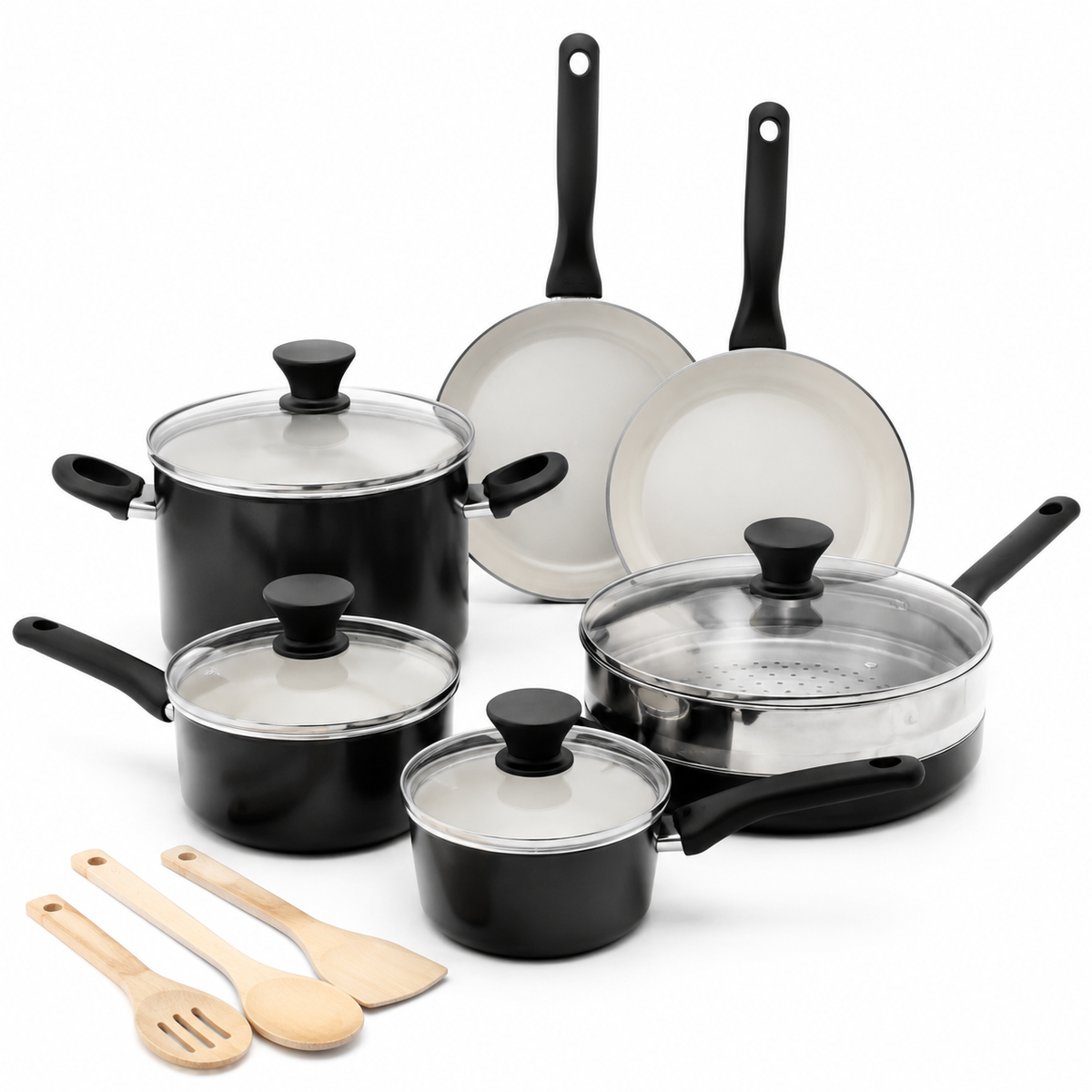 16 Piece Ceramic Nonstick Cookware Set Black Pots and Pans Set with Lids Durable Kitchen Cooking Set