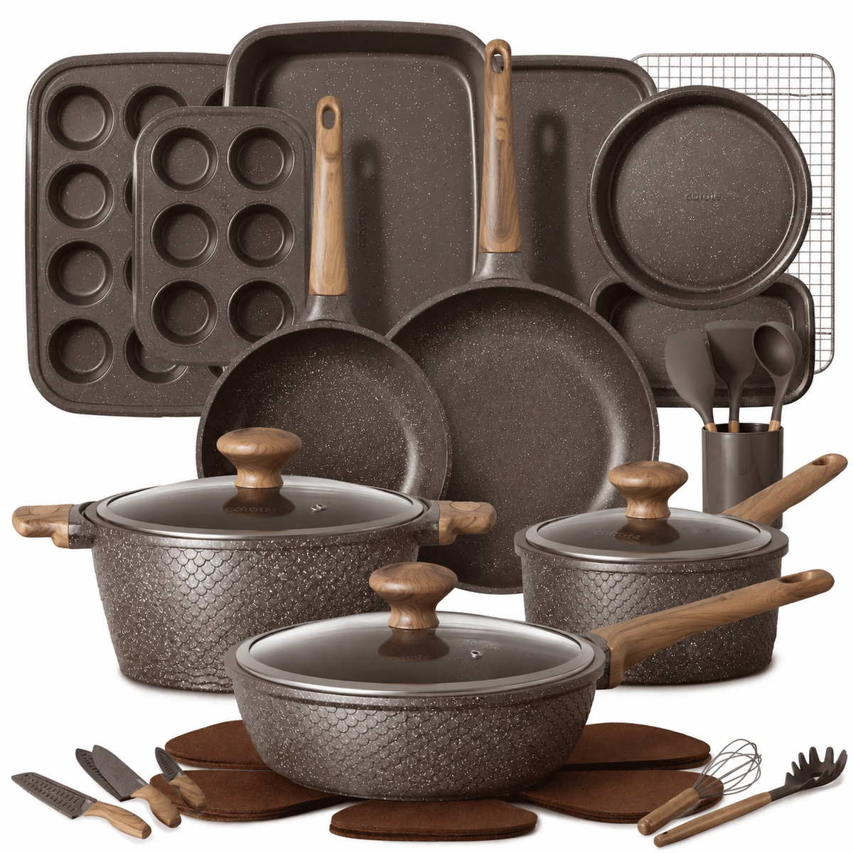 32 Piece Granite Nonstick Cookware Set Pots and Pans Bakeware and Knife Set Brown Kitchen Essentials