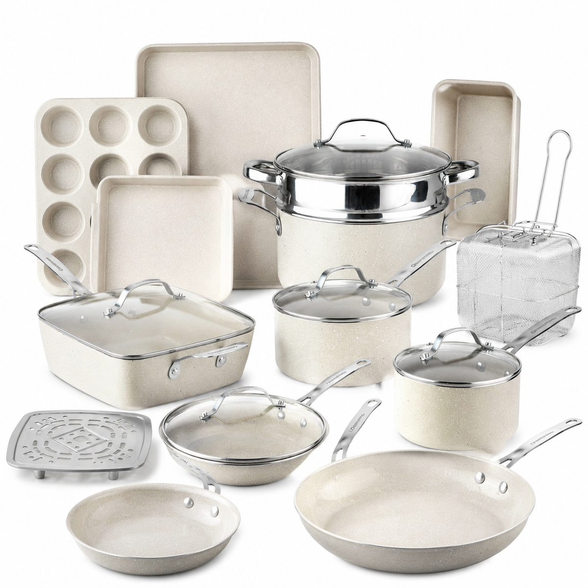 20Pcs Ceramic Nonstick Cookware Set Complete Pots and Pans with Bakeware Steamer Deep Frying Pan Set Beige