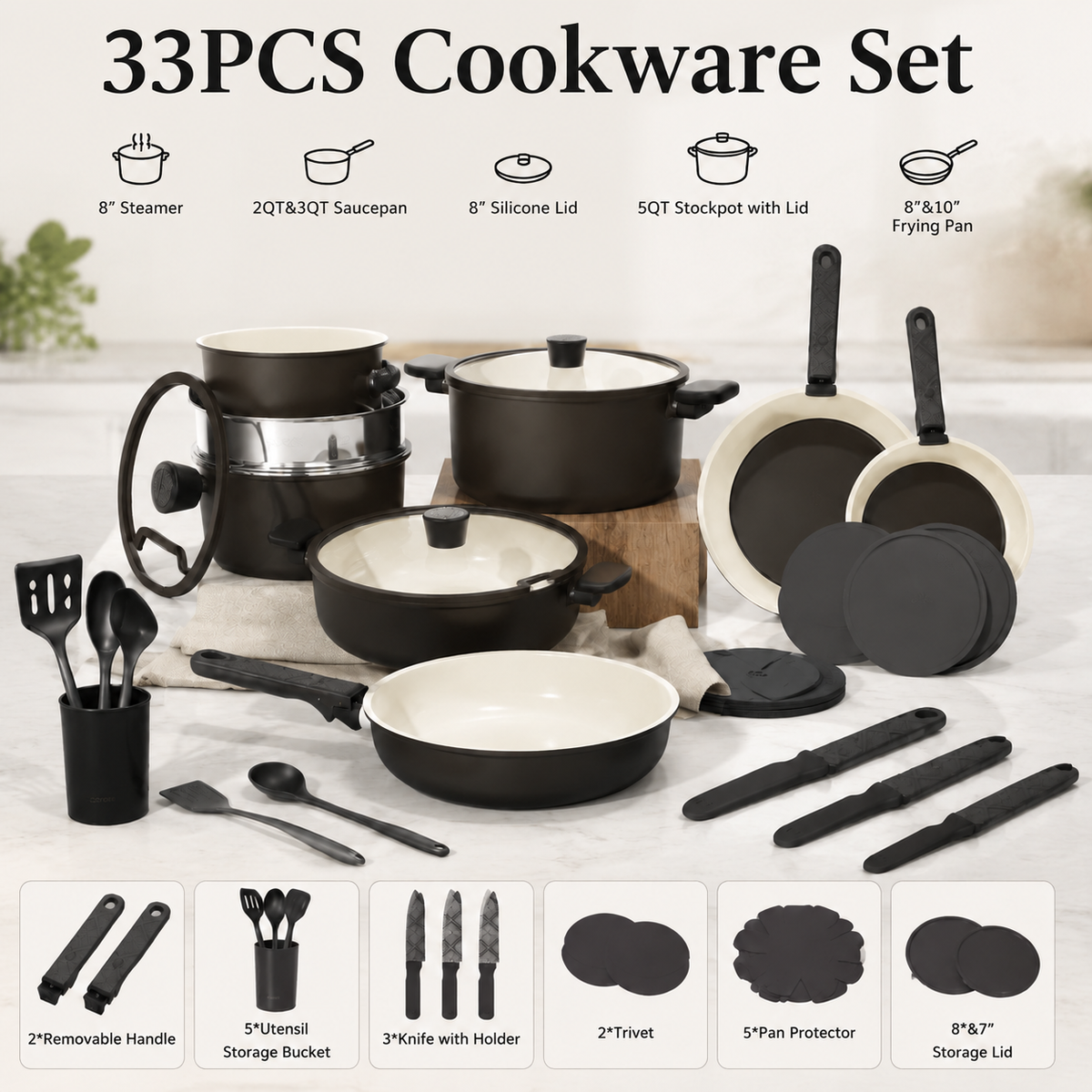 33 PCS Ceramic Cookware Set Nonstick Pots Pans Detachable Handles Induction Dishwasher Safe Black
