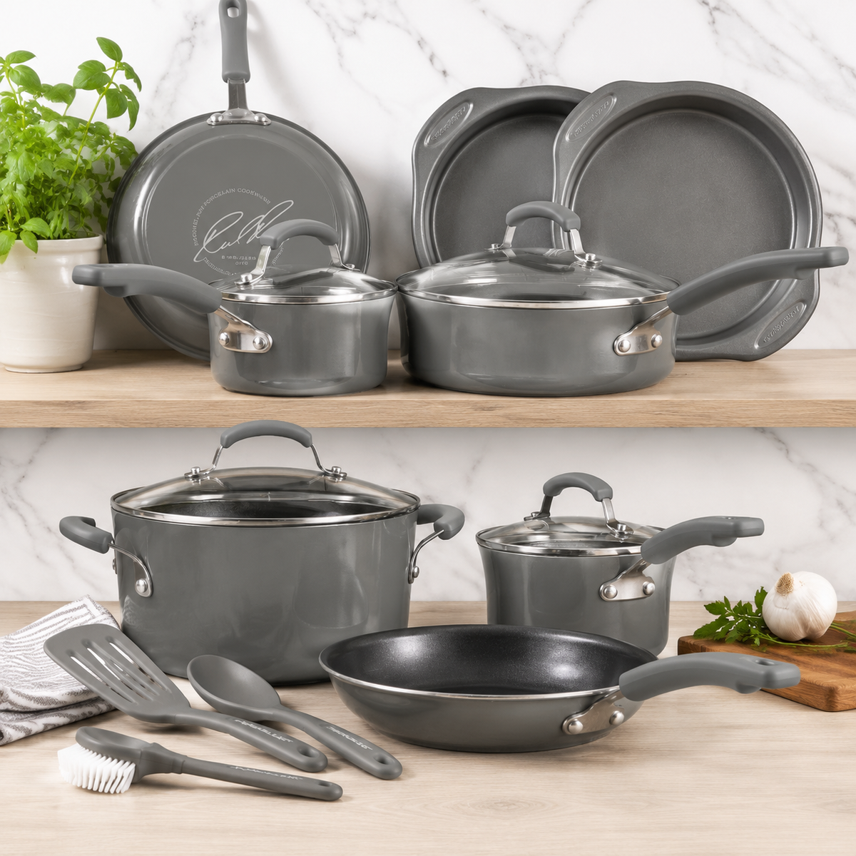 15 Piece Hard Enamel Nonstick Cookware Set Gray Pots and Pans Set with Durable Nonstick Coating for Kitchen Cooking