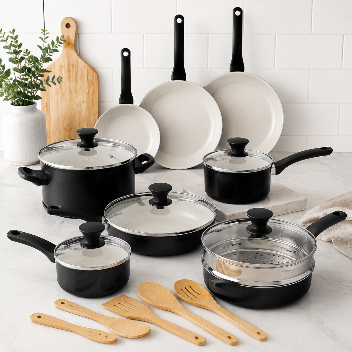 16 Piece Ceramic Nonstick Cookware Set Black Pots and Pans Set with Lids Durable Kitchen Cooking Set