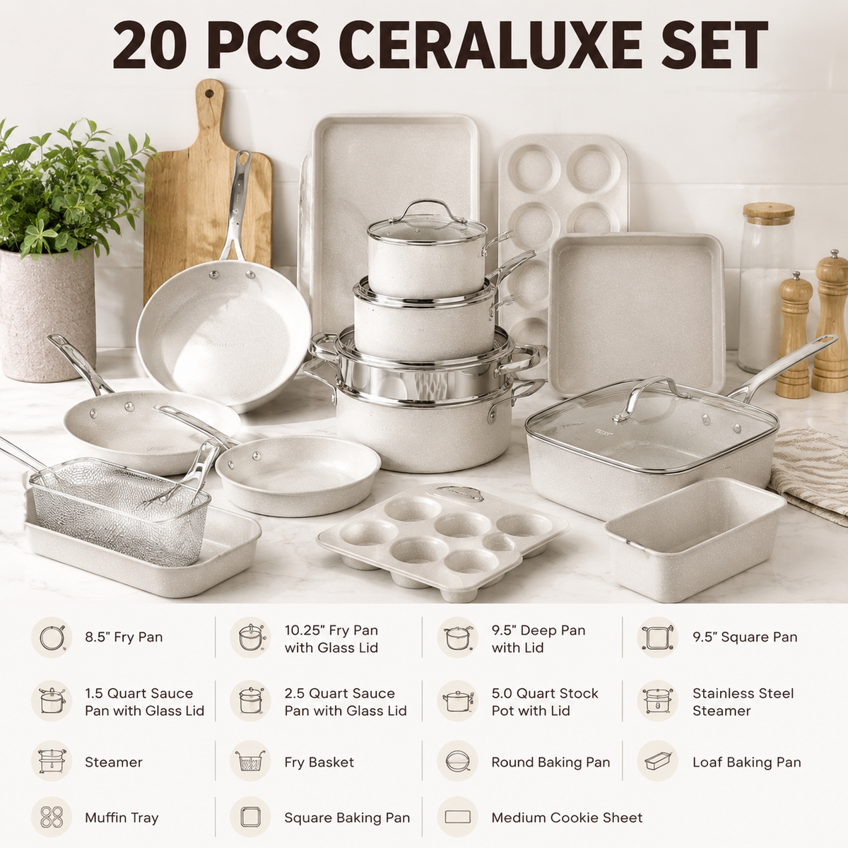20Pcs Ceramic Nonstick Cookware Set Complete Pots and Pans with Bakeware Steamer Deep Frying Pan Set Beige
