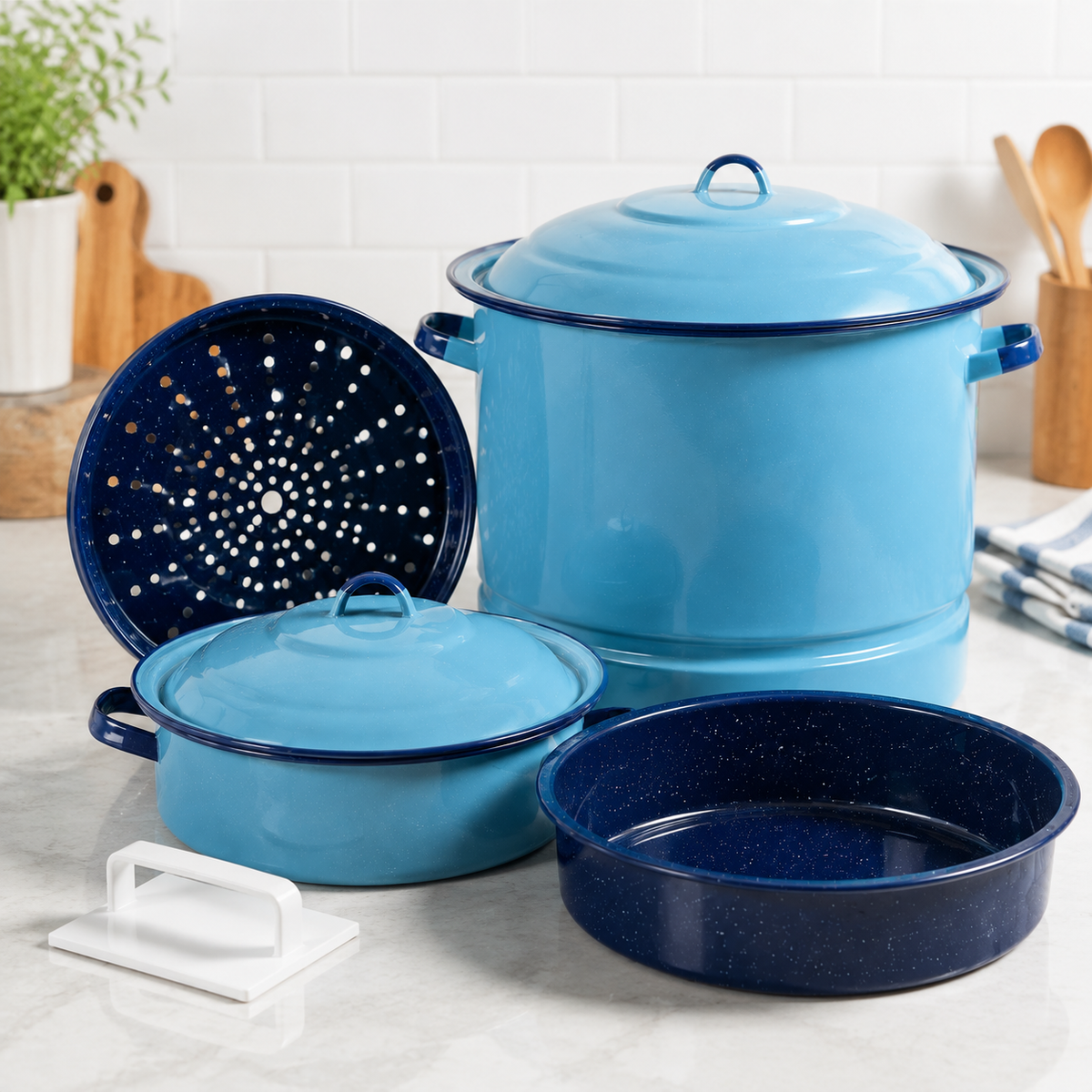6 Piece Enameled Steel Cookware Set Steamer Dutch Oven Multi Use Dish Kitchen Pots and Pans Set