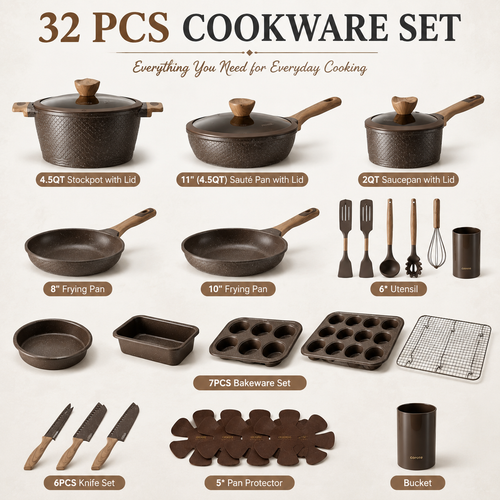 32 Piece Granite Nonstick Cookware Set Pots and Pans Bakeware and Knife Set Brown Kitchen Essentials