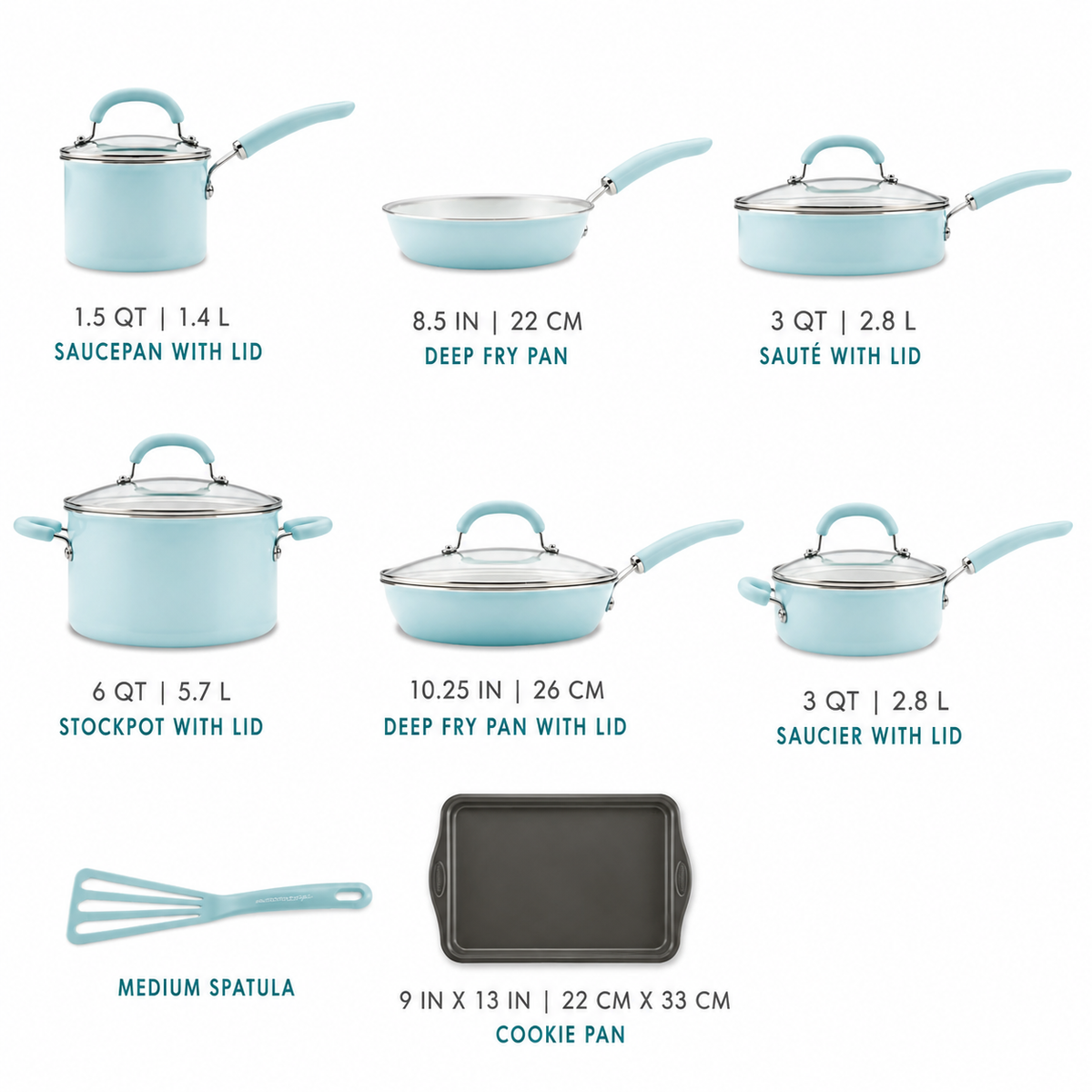 13 Pc Nonstick Aluminum Pots and Pans Set Light Blue Shimmer Cookware Set with Lids for Kitchen Cooking