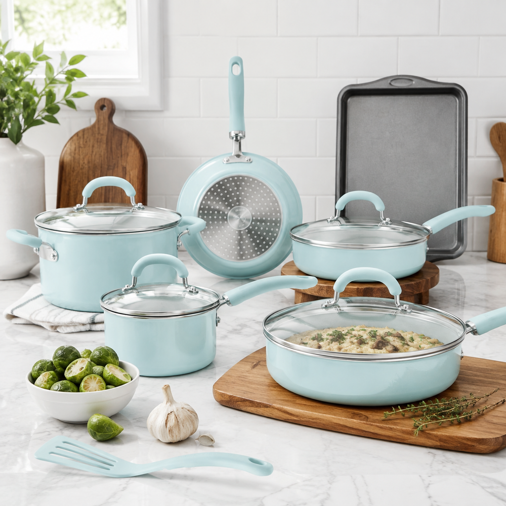 13 Pc Nonstick Aluminum Pots and Pans Set Light Blue Shimmer Cookware Set with Lids for Kitchen Cooking