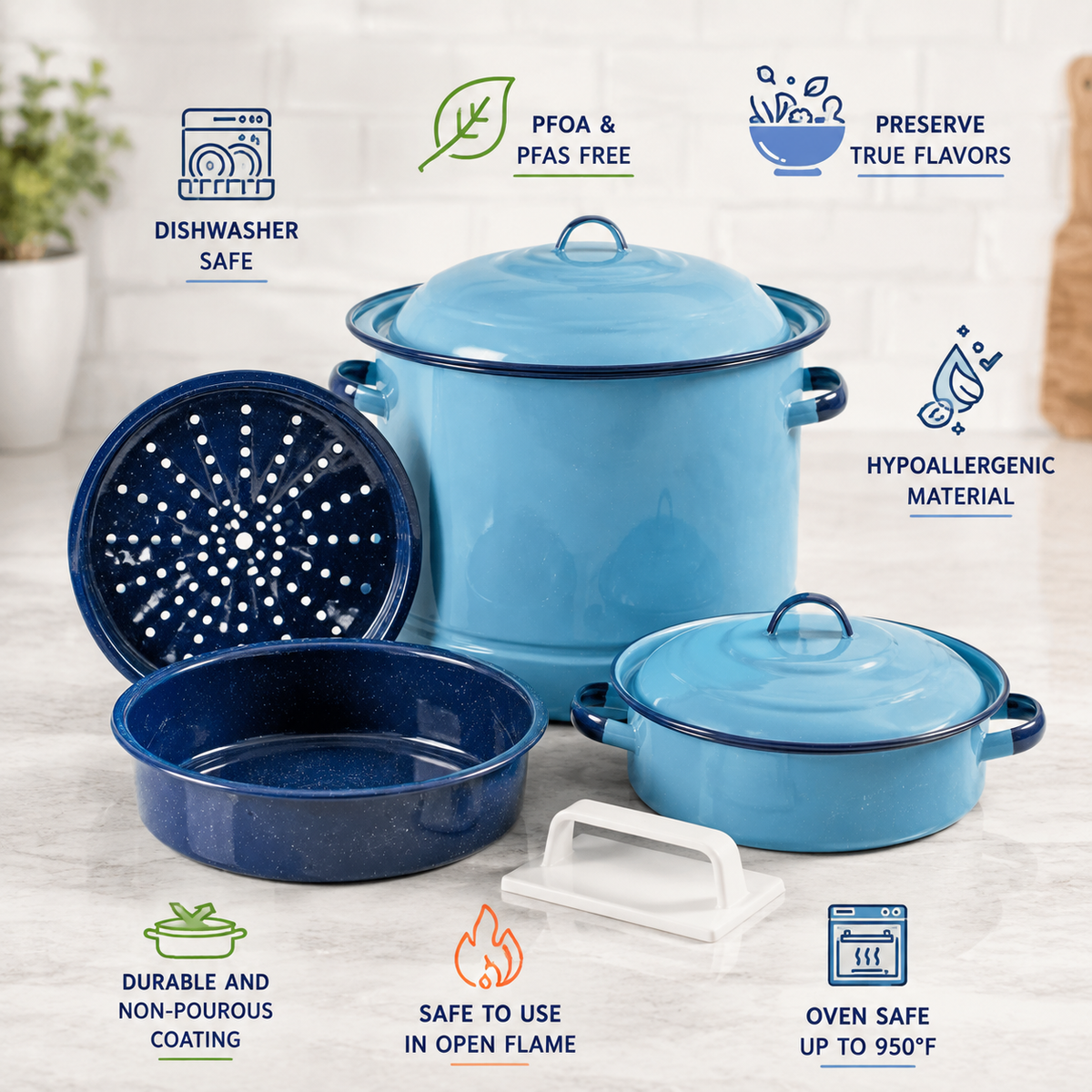 6 Piece Enameled Steel Cookware Set Steamer Dutch Oven Multi Use Dish Kitchen Pots and Pans Set