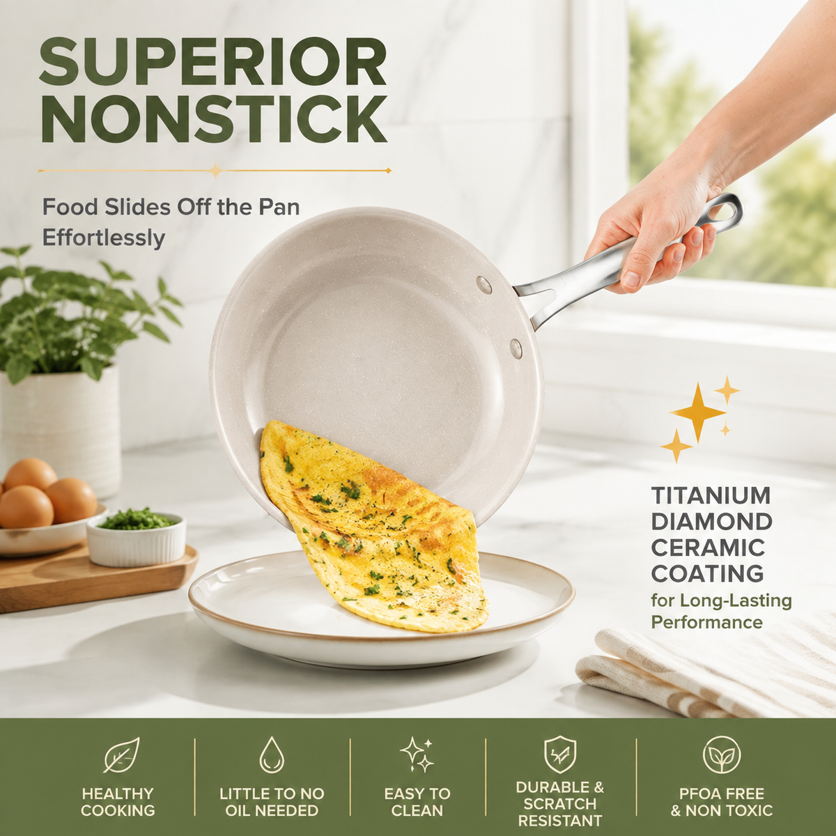 20Pcs Ceramic Nonstick Cookware Set Complete Pots and Pans with Bakeware Steamer Deep Frying Pan Set Beige