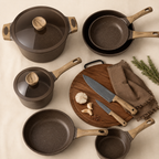 32 Piece Granite Nonstick Cookware Set Pots and Pans Bakeware and Knife Set Brown Kitchen Essentials