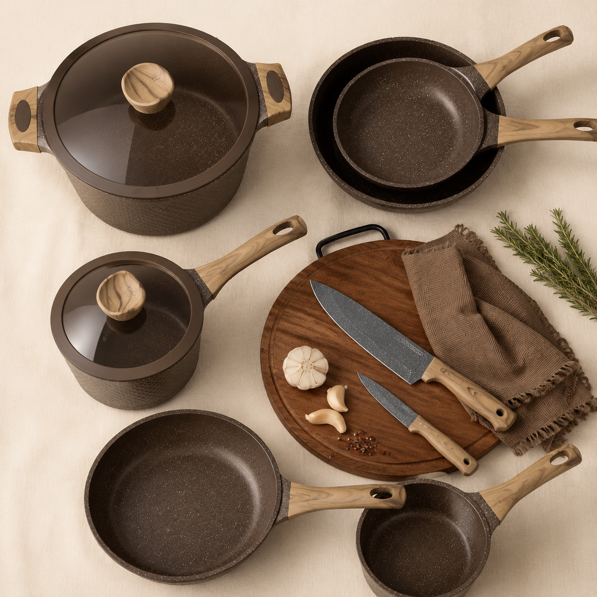 32 Piece Granite Nonstick Cookware Set Pots and Pans Bakeware and Knife Set Brown Kitchen Essentials