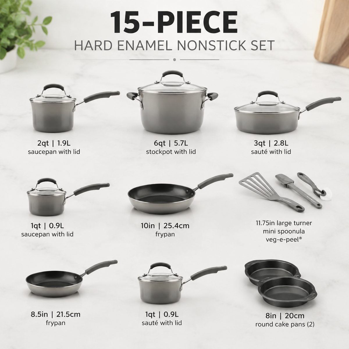15 Piece Hard Enamel Nonstick Cookware Set Gray Pots and Pans Set with Durable Nonstick Coating for Kitchen Cooking