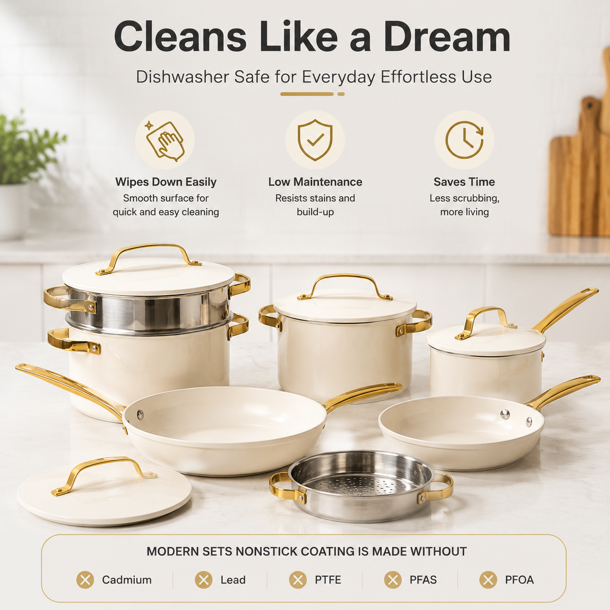 11Pc Ceramic Cookware Set Nonstick Pots and Pans Non Toxic Kitchen Cookware Dishwasher Safe Cream