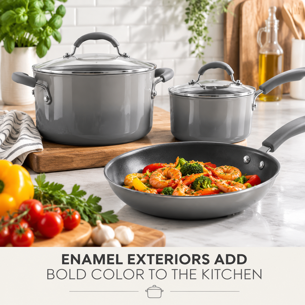 15 Piece Hard Enamel Nonstick Cookware Set Gray Pots and Pans Set with Durable Nonstick Coating for Kitchen Cooking