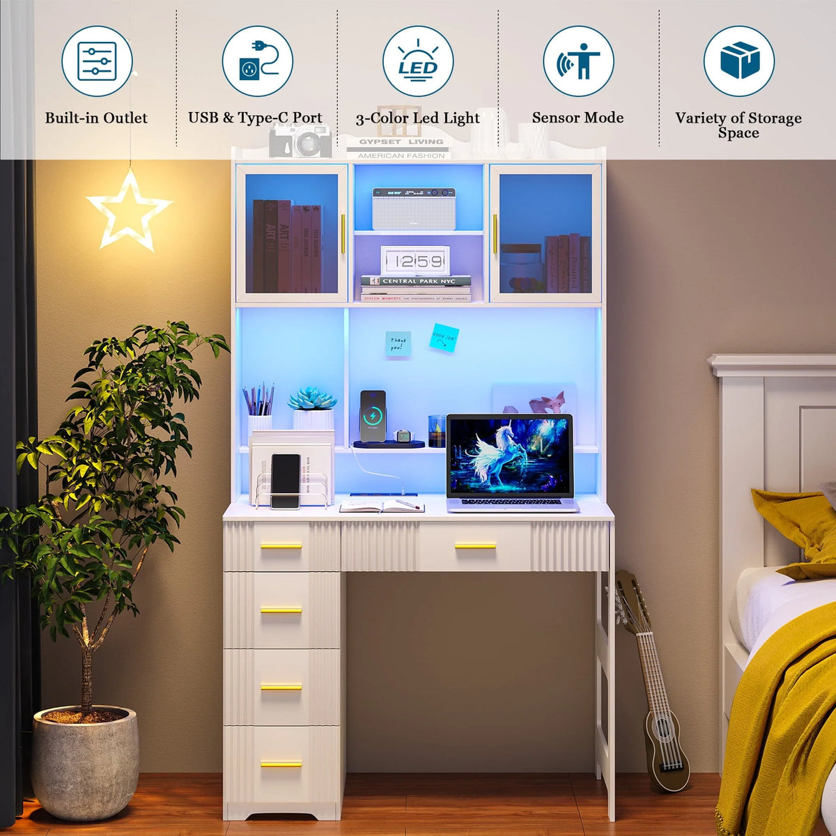 HNEBC LED Study Desk with Hutch and Drawer, Home Office Desk with Outlet, Computer Desk with Charging Station