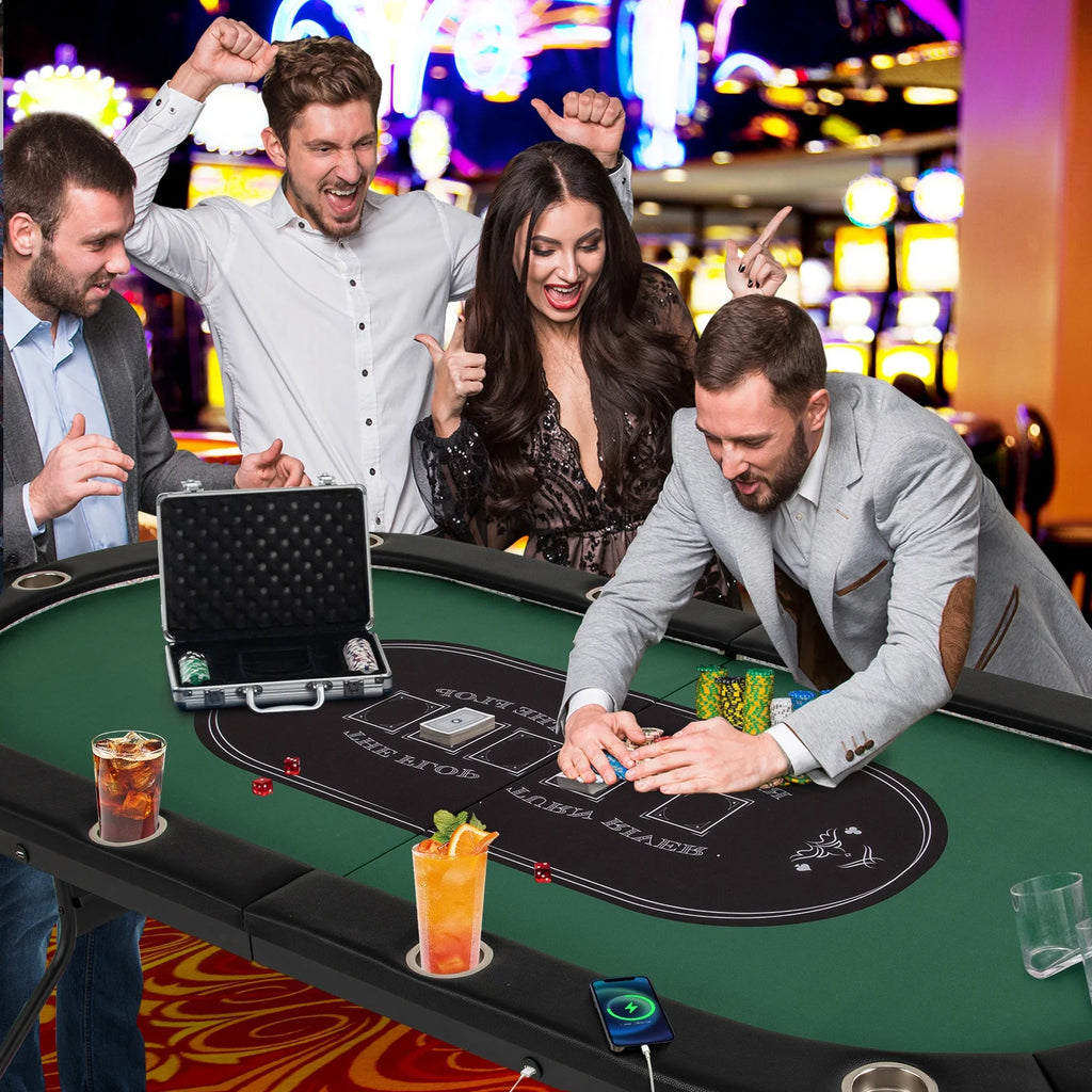 Costway Foldable, USB Ports, LED Lights 10 Player Poker Table, Blue/Black