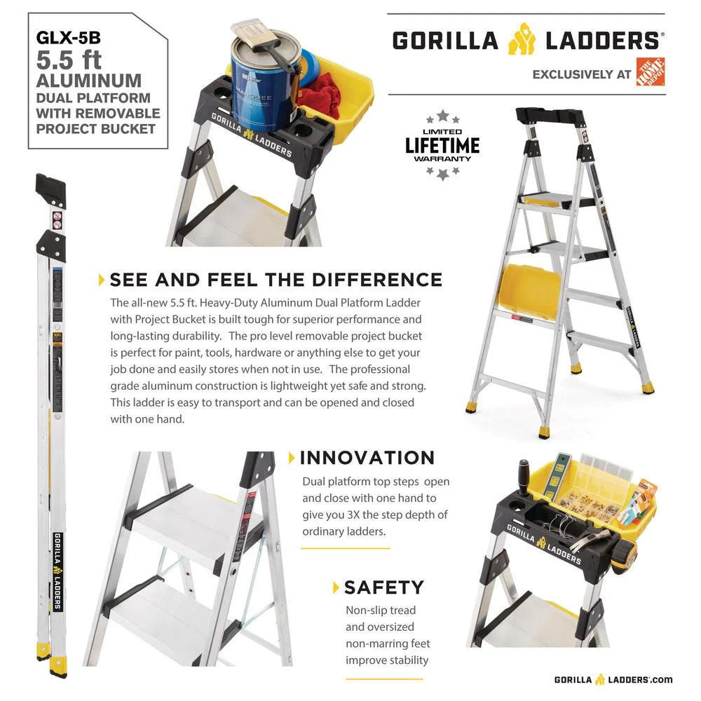 Gorilla Ladders Removable Dual Platform Heavy Duty Ladder with Project Bucket, 5.5 Ft, Aluminum, Multicolor