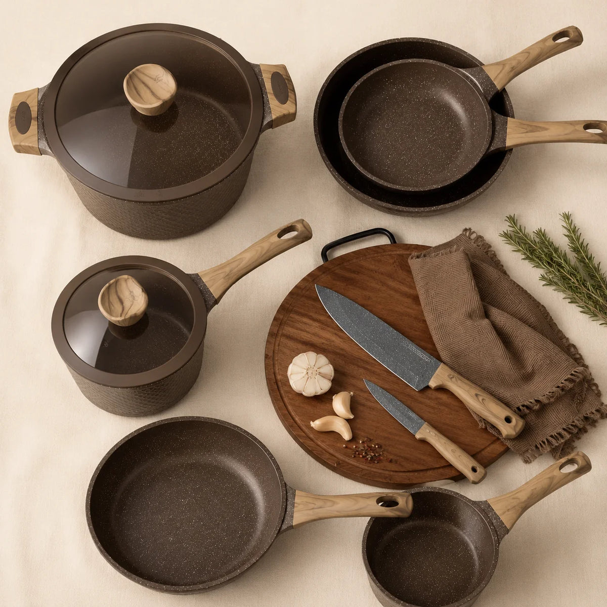 32 Piece Granite Nonstick Cookware Set Pots and Pans Bakeware and Knife Set Brown Kitchen Essentials