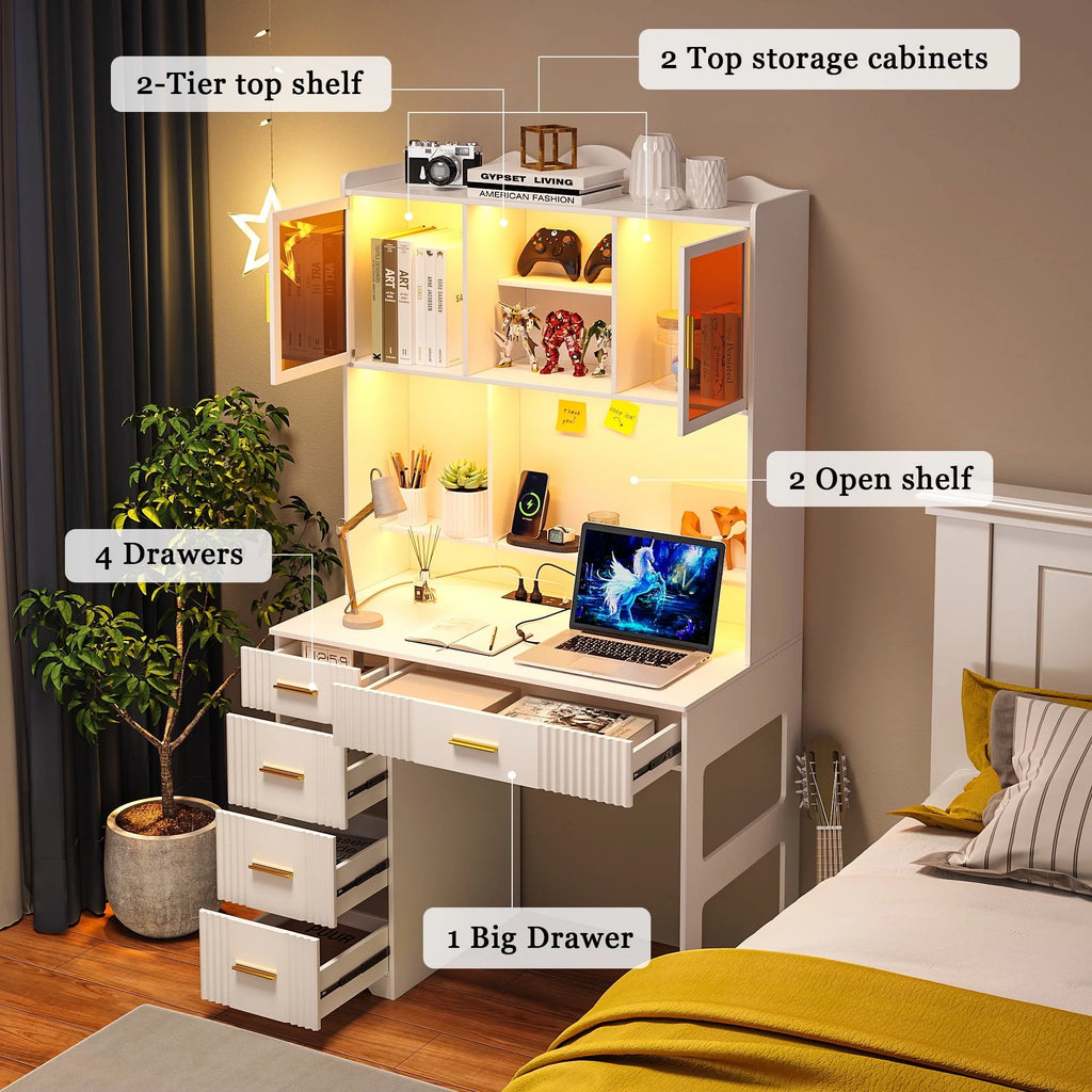 HNEBC LED Study Desk with Hutch and Drawer, Home Office Desk with Outlet, Computer Desk with Charging Station