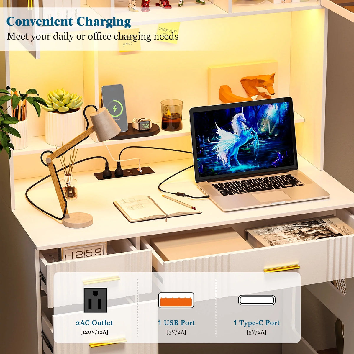 HNEBC LED Study Desk with Hutch and Drawer, Home Office Desk with Outlet, Computer Desk with Charging Station