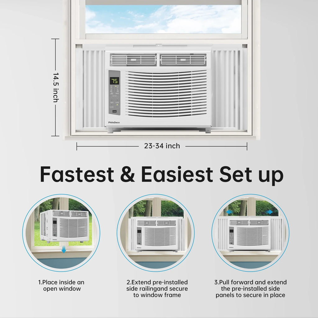 Philodeco 6000 BTU Window Air Conditioner Cool to 250 Sq Ft Intelligent, LED, Remote Control, Easy to Clean Filter
