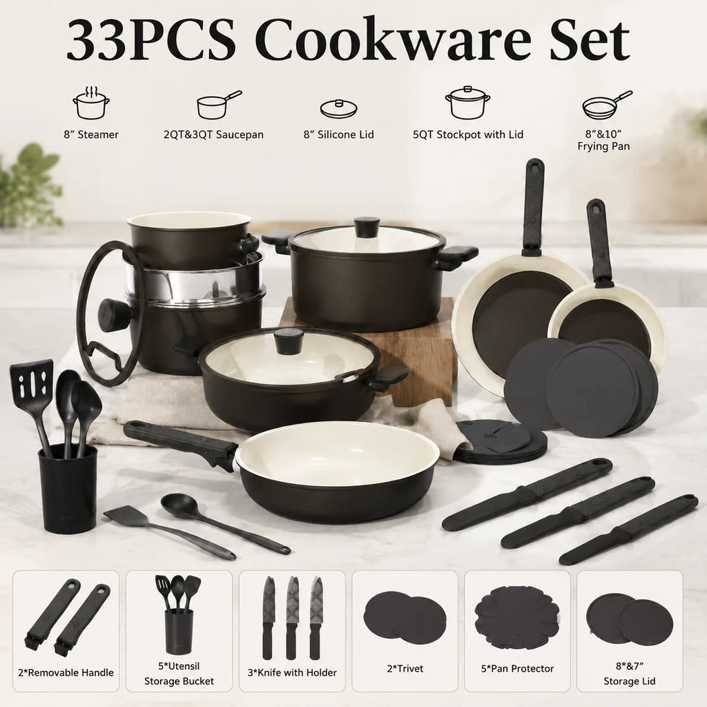 33 PCS Ceramic Cookware Set Nonstick Pots Pans Detachable Handles Induction Dishwasher Safe Black