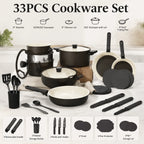 33 PCS Ceramic Cookware Set Nonstick Pots Pans Detachable Handles Induction Dishwasher Safe Black