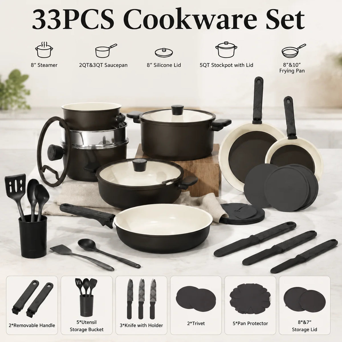 33 PCS Ceramic Cookware Set Nonstick Pots Pans Detachable Handles Induction Dishwasher Safe Black