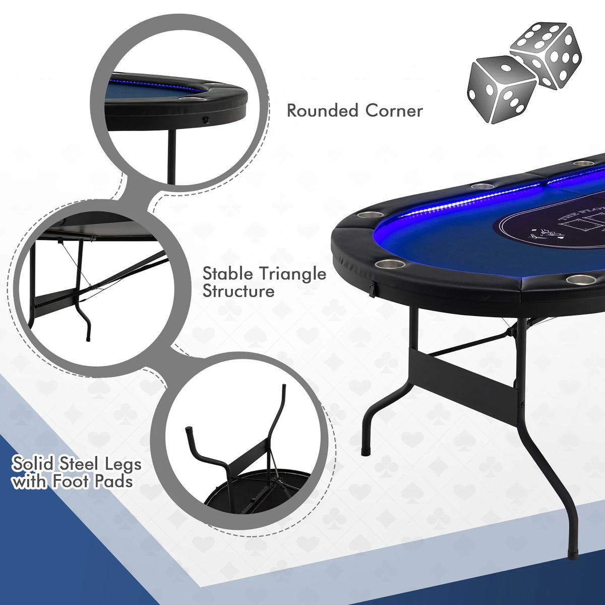 Costway Foldable, USB Ports, LED Lights 10 Player Poker Table, Blue/Black