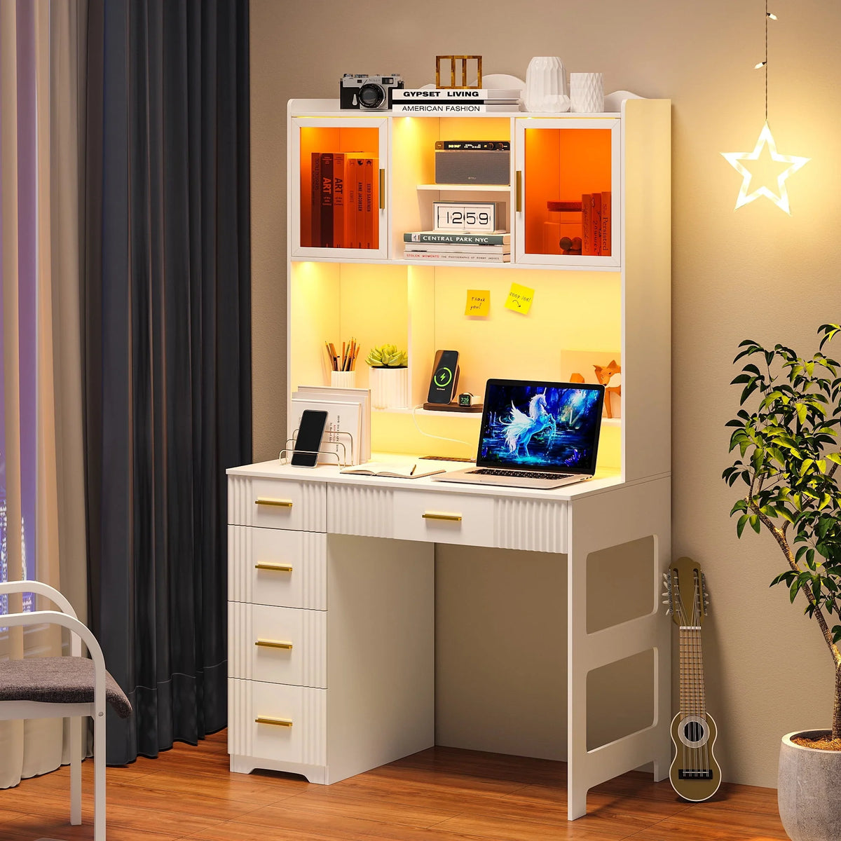 HNEBC LED Study Desk with Hutch and Drawer, Home Office Desk with Outlet, Computer Desk with Charging Station