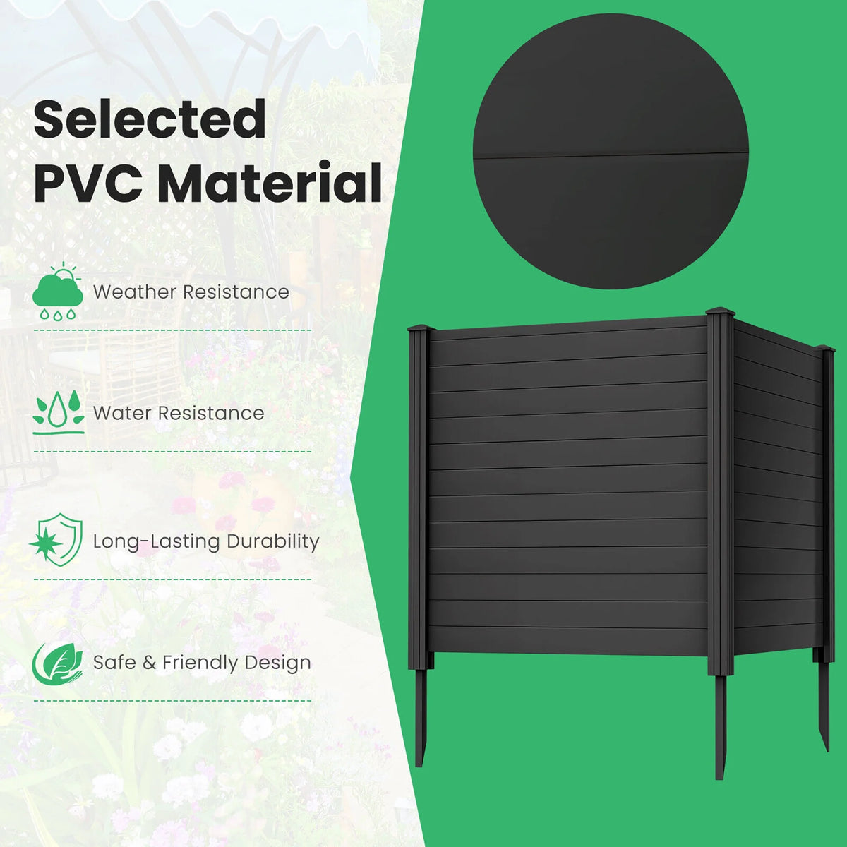 Gymax Outdoor PVC Privacy Panels 2 - Pack Picket Fence W/ 3 Cuspidal Foot Stakes Black