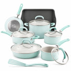13 Pc Nonstick Aluminum Pots and Pans Set Light Blue Shimmer Cookware Set with Lids for Kitchen Cooking