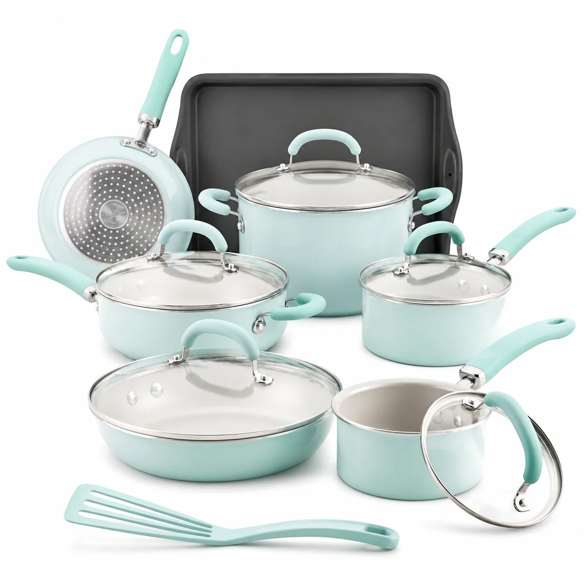 13 Pc Nonstick Aluminum Pots and Pans Set Light Blue Shimmer Cookware Set with Lids for Kitchen Cooking