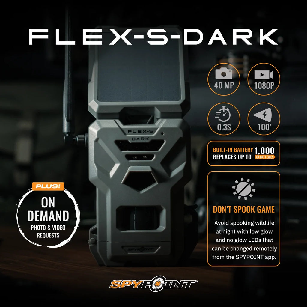 SPYPOINT Flex - S Dark Solar Outdoor Cellular Trail Camera - Integrated Solar Panel, No WiFi Needed, Night Vision