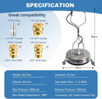 Garvee 24" Pressure Washer Surface Cleaner with Dual Handles - Stainless Steel, 4 - Wheel Design for Driveways