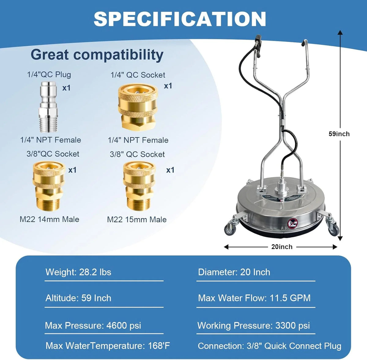 Garvee 24" Pressure Washer Surface Cleaner with Dual Handles - Stainless Steel, 4 - Wheel Design for Driveways