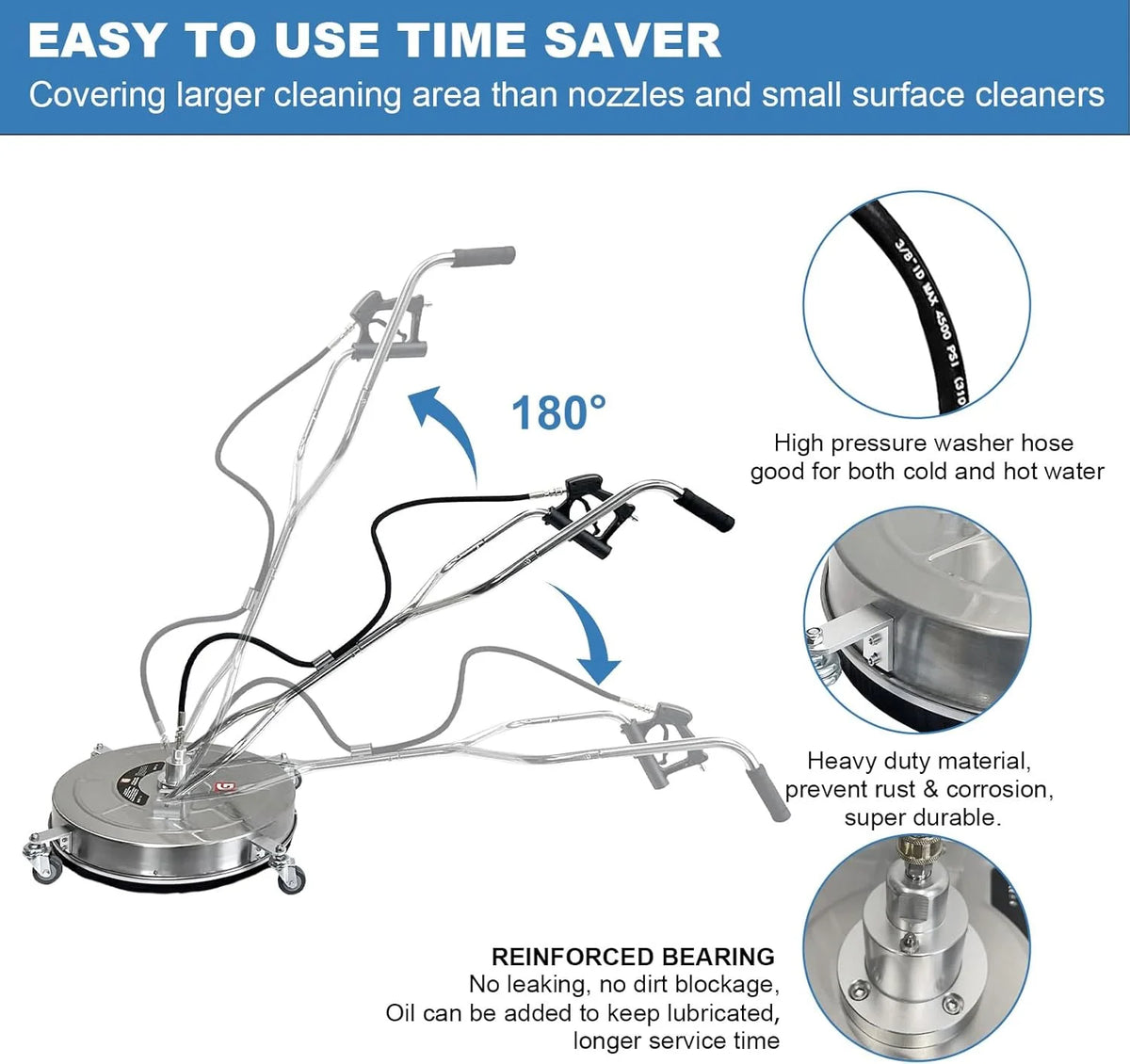 Garvee 24" Pressure Washer Surface Cleaner with Dual Handles - Stainless Steel, 4 - Wheel Design for Driveways