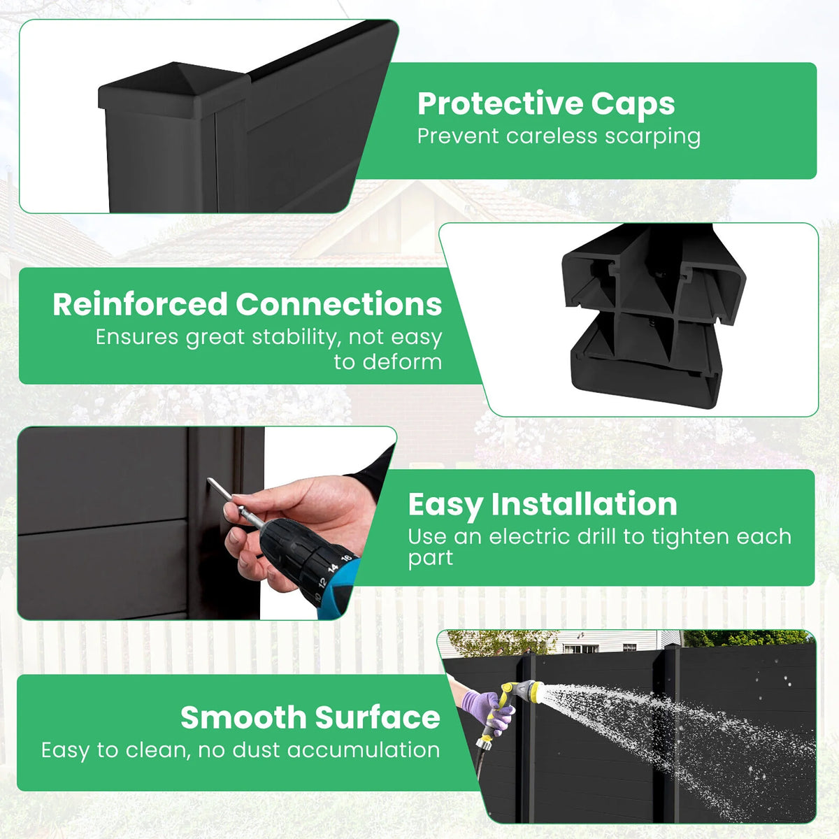 Gymax Outdoor PVC Privacy Panels 2 - Pack Picket Fence W/ 3 Cuspidal Foot Stakes Black