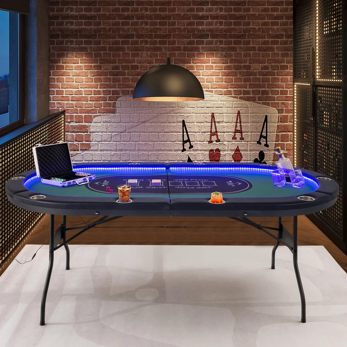 Costway Foldable, USB Ports, LED Lights 10 Player Poker Table, Blue/Black