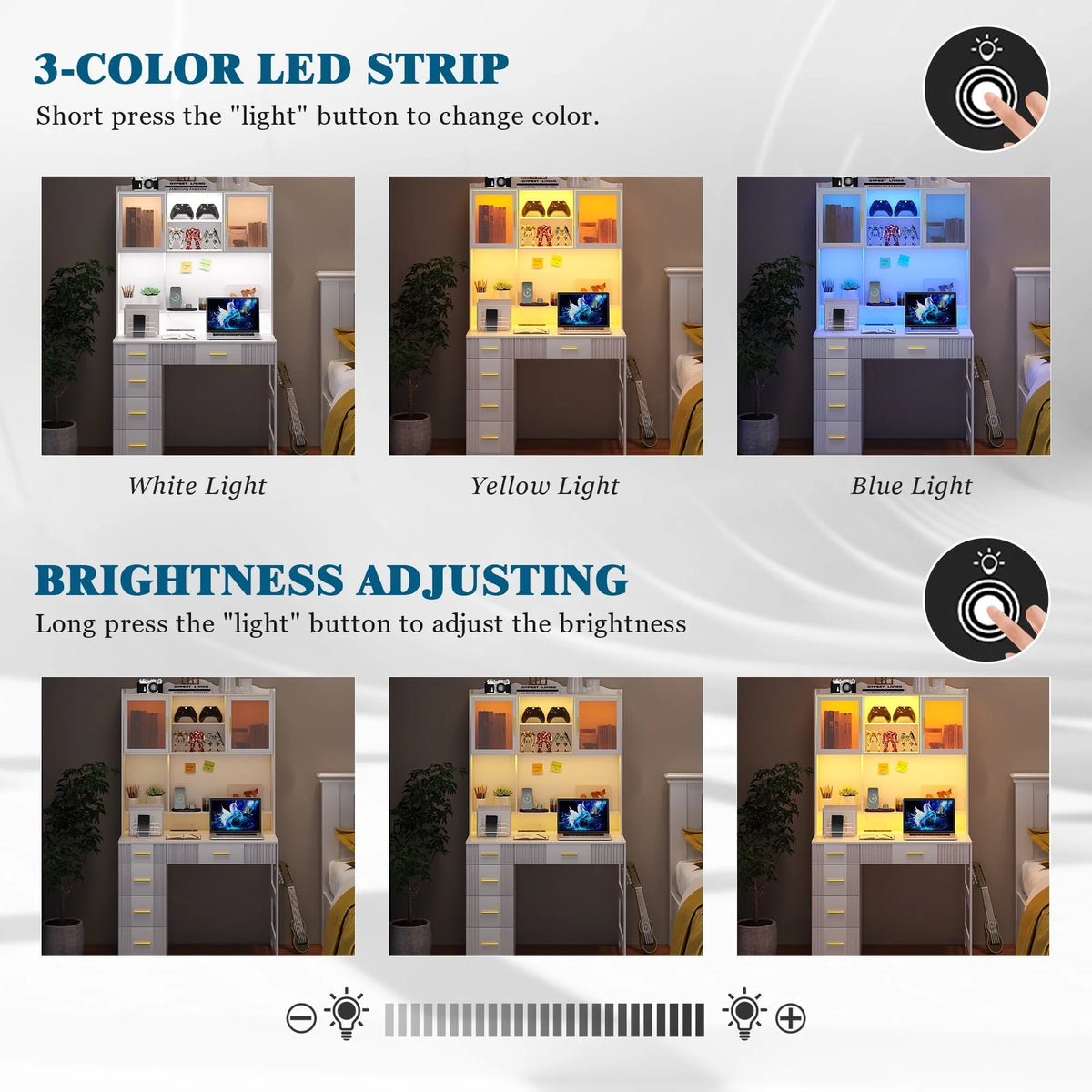 HNEBC LED Study Desk with Hutch and Drawer, Home Office Desk with Outlet, Computer Desk with Charging Station