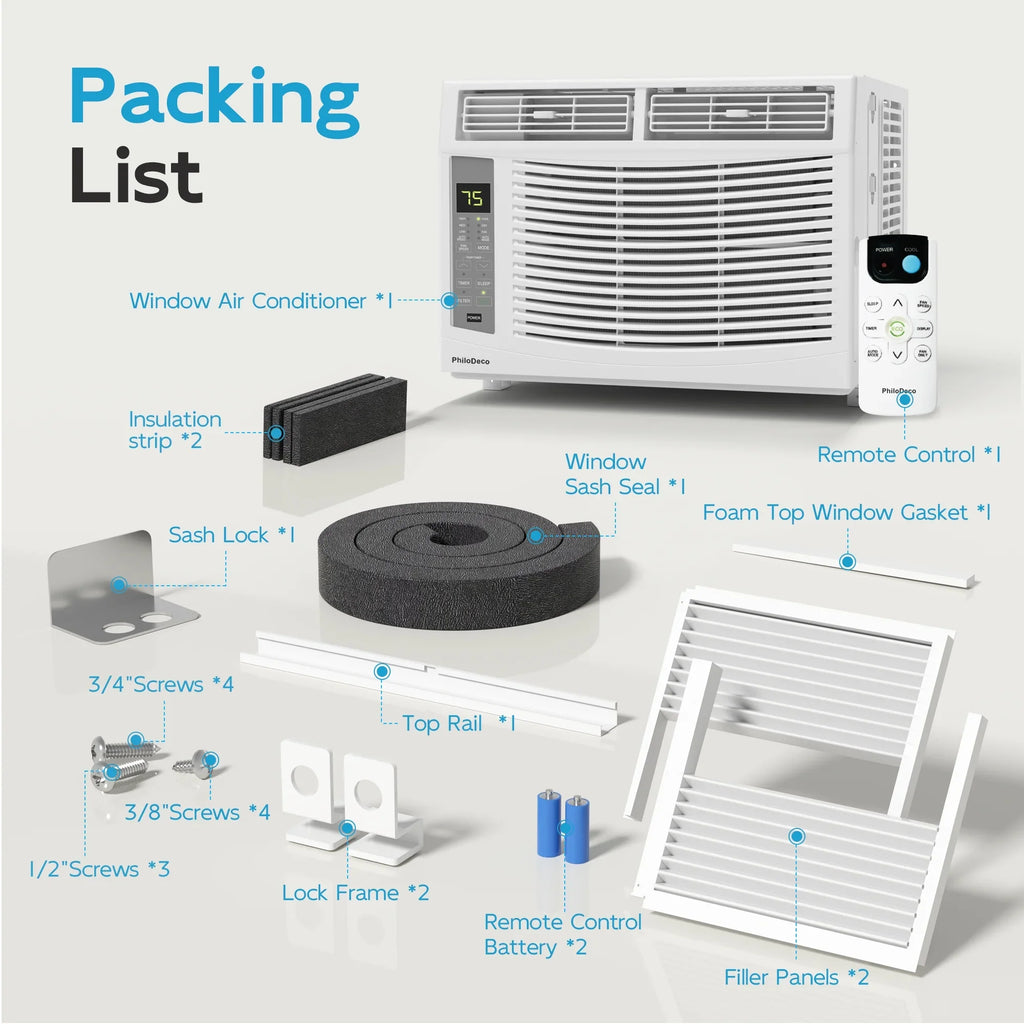 Philodeco 6000 BTU Window Air Conditioner Cool to 250 Sq Ft Intelligent, LED, Remote Control, Easy to Clean Filter