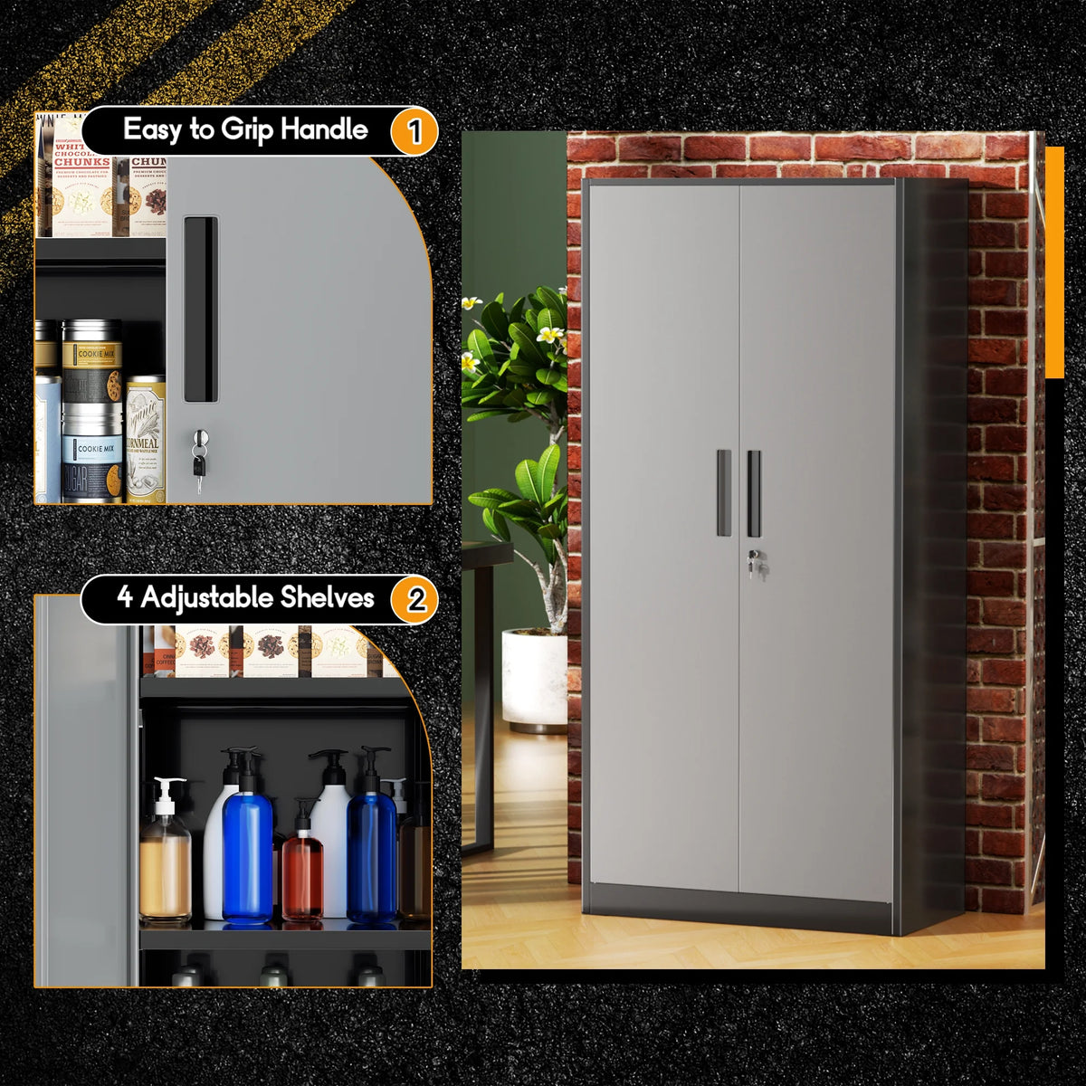 SOLAURA 71" Metal Garage Storage Cabinet with Locking Doors and Adjustable Shelves for Home, Office(Black)