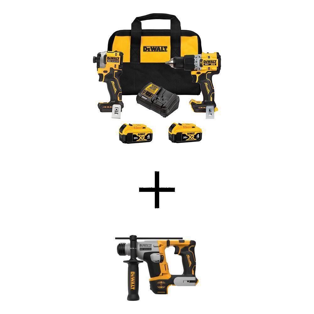 DeWalt 20V Max XR Hammer Drill and Atomic Impact Driver 2 Tool Cordless Combo Kit and SDS Plus Hammer Drill w/(2) 4Ah