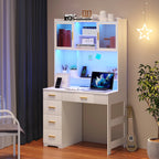 HNEBC LED Study Desk with Hutch and Drawer, Home Office Desk with Outlet, Computer Desk with Charging Station