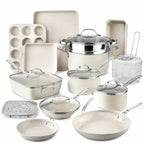 20Pcs Ceramic Nonstick Cookware Set Complete Pots and Pans with Bakeware Steamer Deep Frying Pan Set Beige